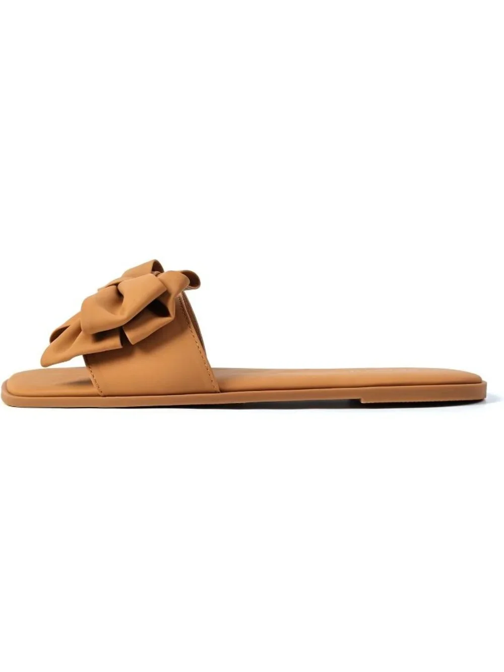 Women's Camel Faux Leather Bow Flat Sandals Open Saquare Toe Comfortable Slides